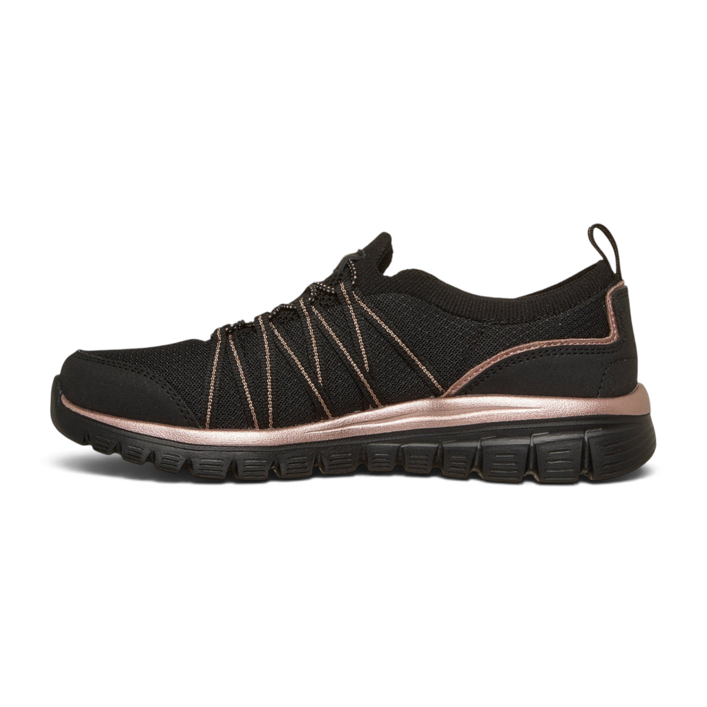 FRG Skechers Graceful Purecrush black vegan sneaker with rose gold accents, stretch laces, and memory foam sole.