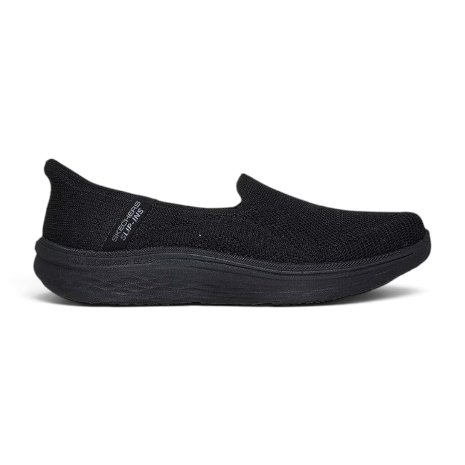 FRG Skechers Max Cushioning Lite Aura Tessa black vegan slip-on sneaker with engineered knit upper and thick midsole