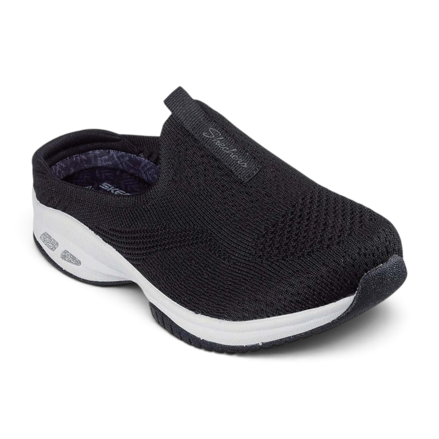 FRG Skechers Commute Time Walk Flow black slip-on sneaker with textile upper and white cushioned sole