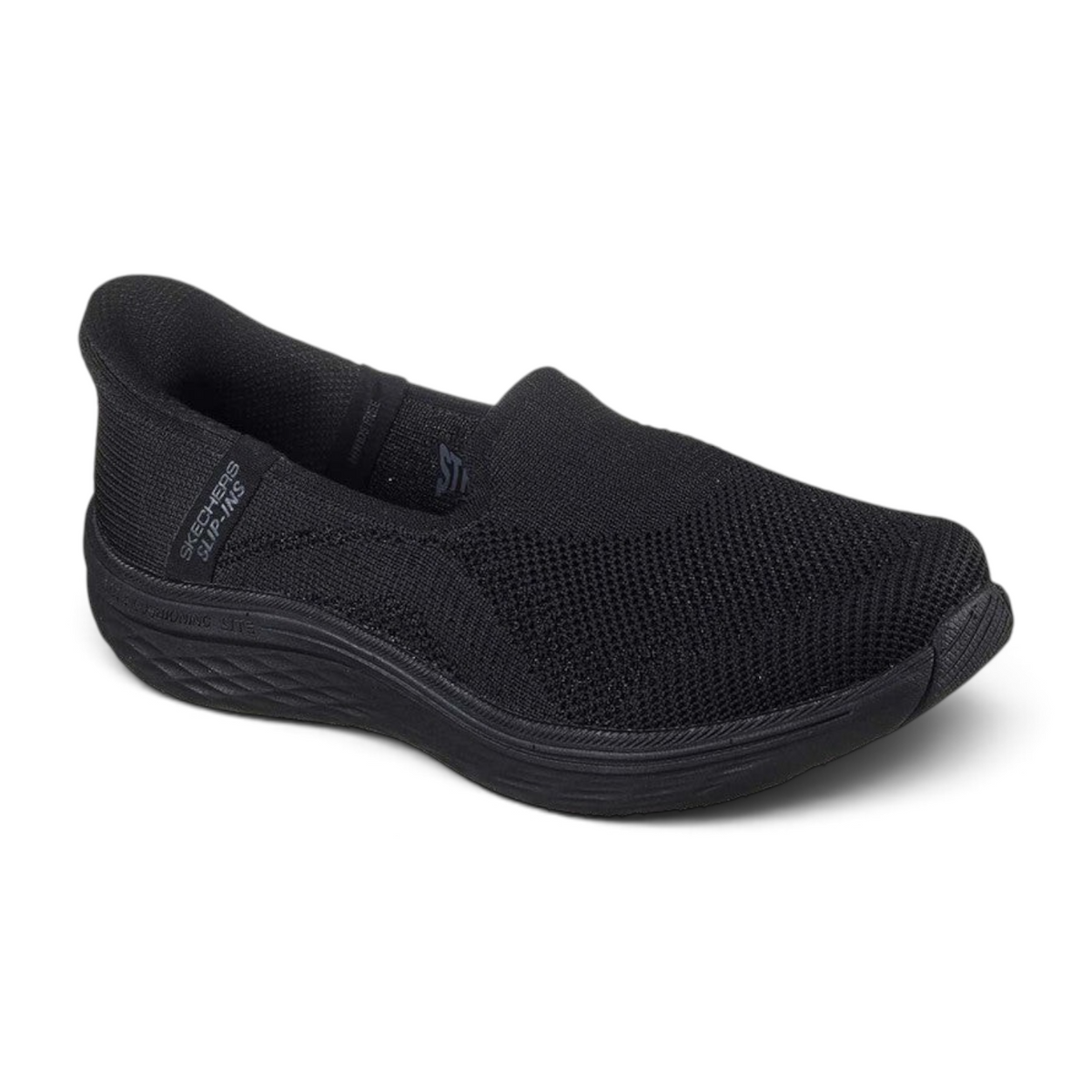 FRG Skechers Max Cushioning Lite Aura Tessa black vegan slip-on sneaker with engineered knit upper and cushioned sole