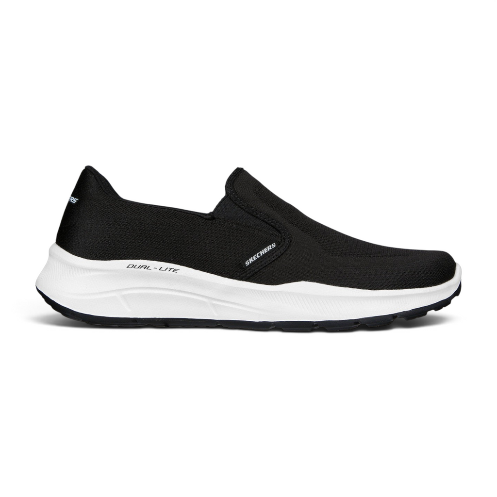 FRG Skechers Relaxed Fit Equalizer 5.0 black slip-on sneaker with white cushioned midsole and breathable mesh upper