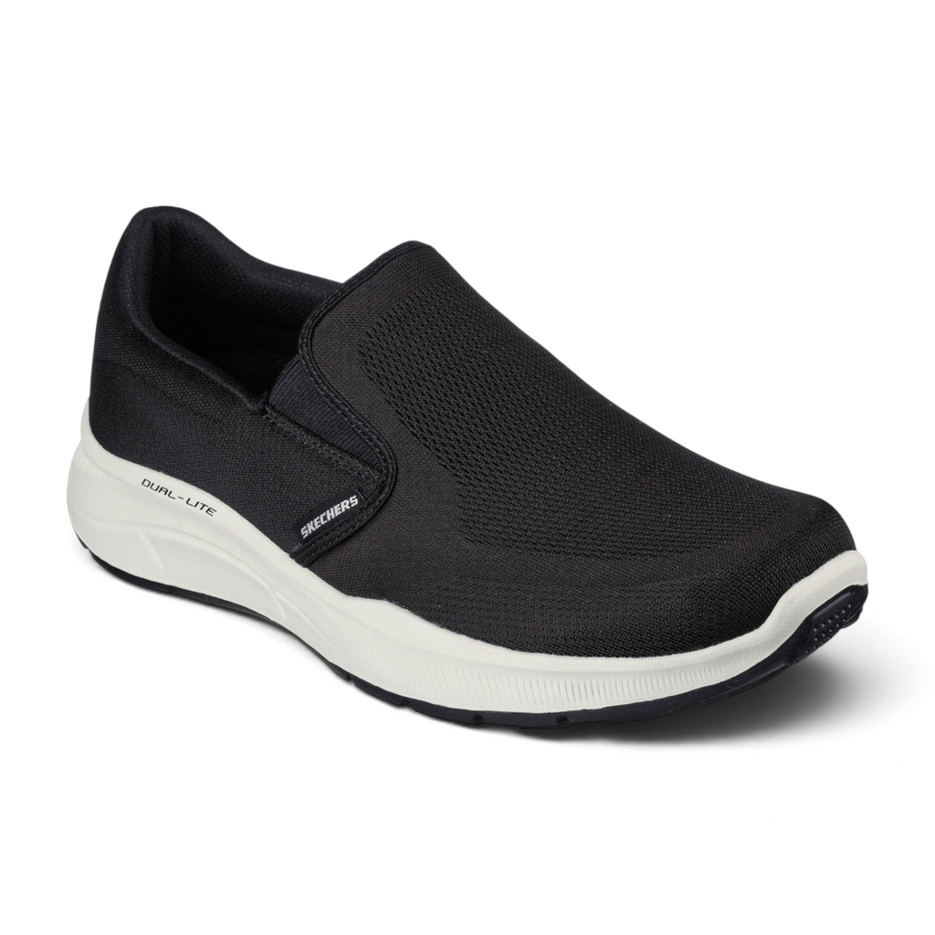 FRG Skechers Relaxed Fit Equalizer 5.0 black slip-on sneaker with white cushioned midsole and breathable mesh upper