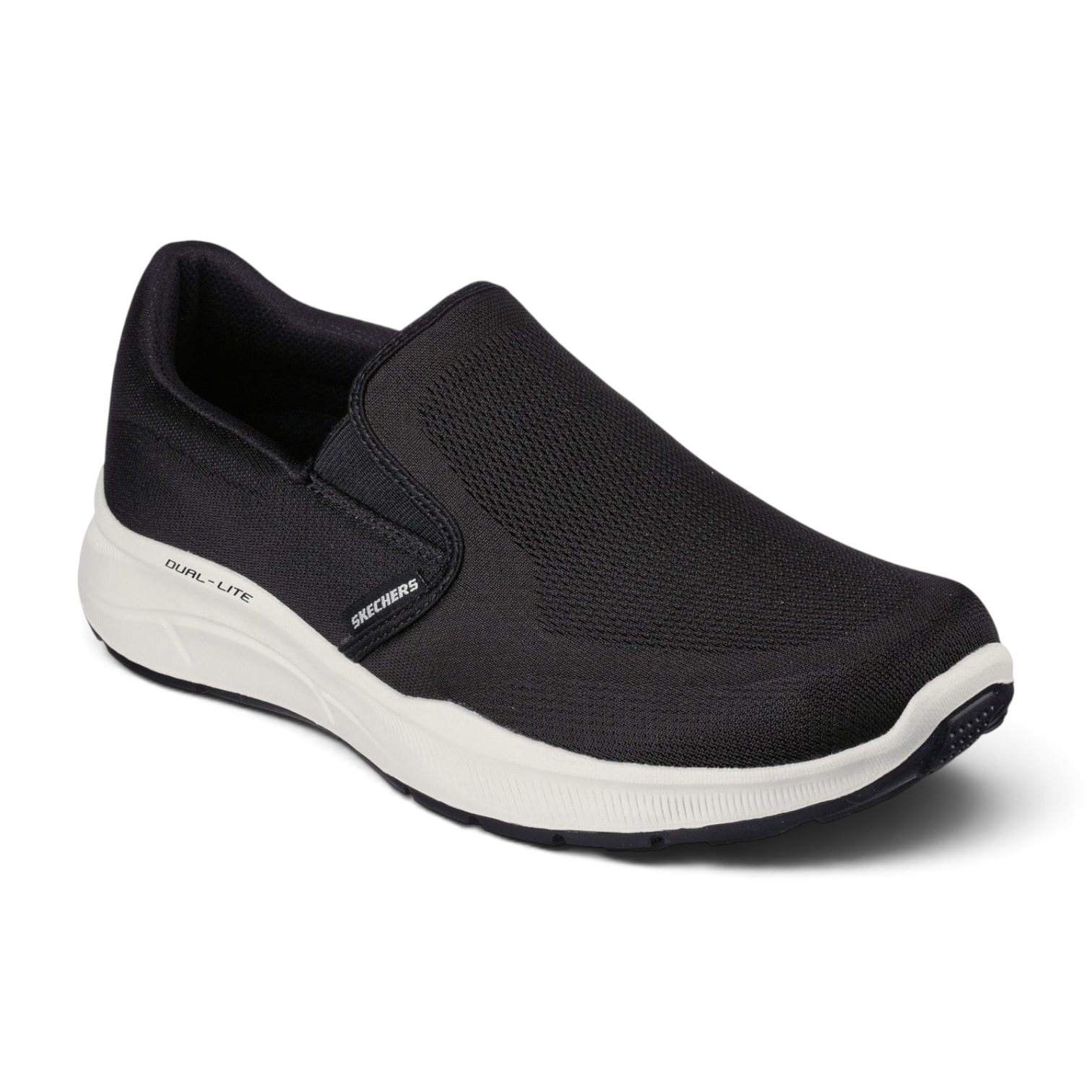FRG Skechers Relaxed Fit Equalizer 5.0 black slip-on sneaker with white cushioned midsole and breathable mesh upper