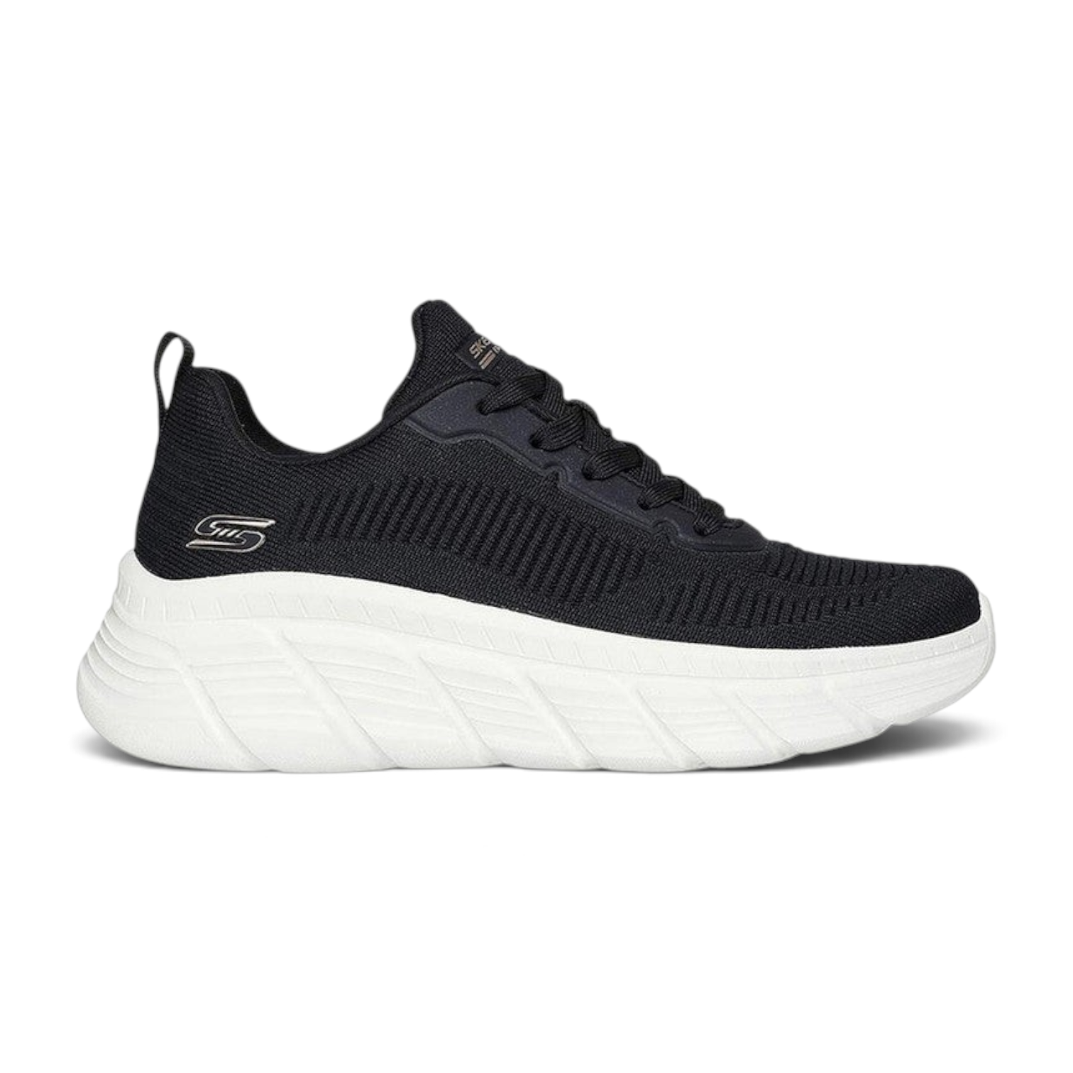 FRG Skechers BOBS Sport B Flex high-top sneaker in black knit with a thick white cushioned sole