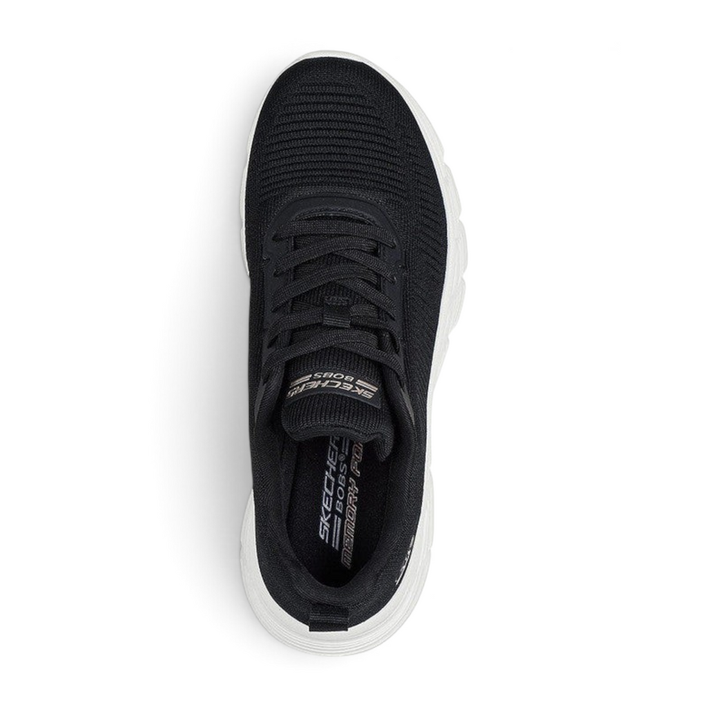 FRG Skechers BOBS Sport B Flex high-top sneaker in black knit with memory foam sole, top-down view.