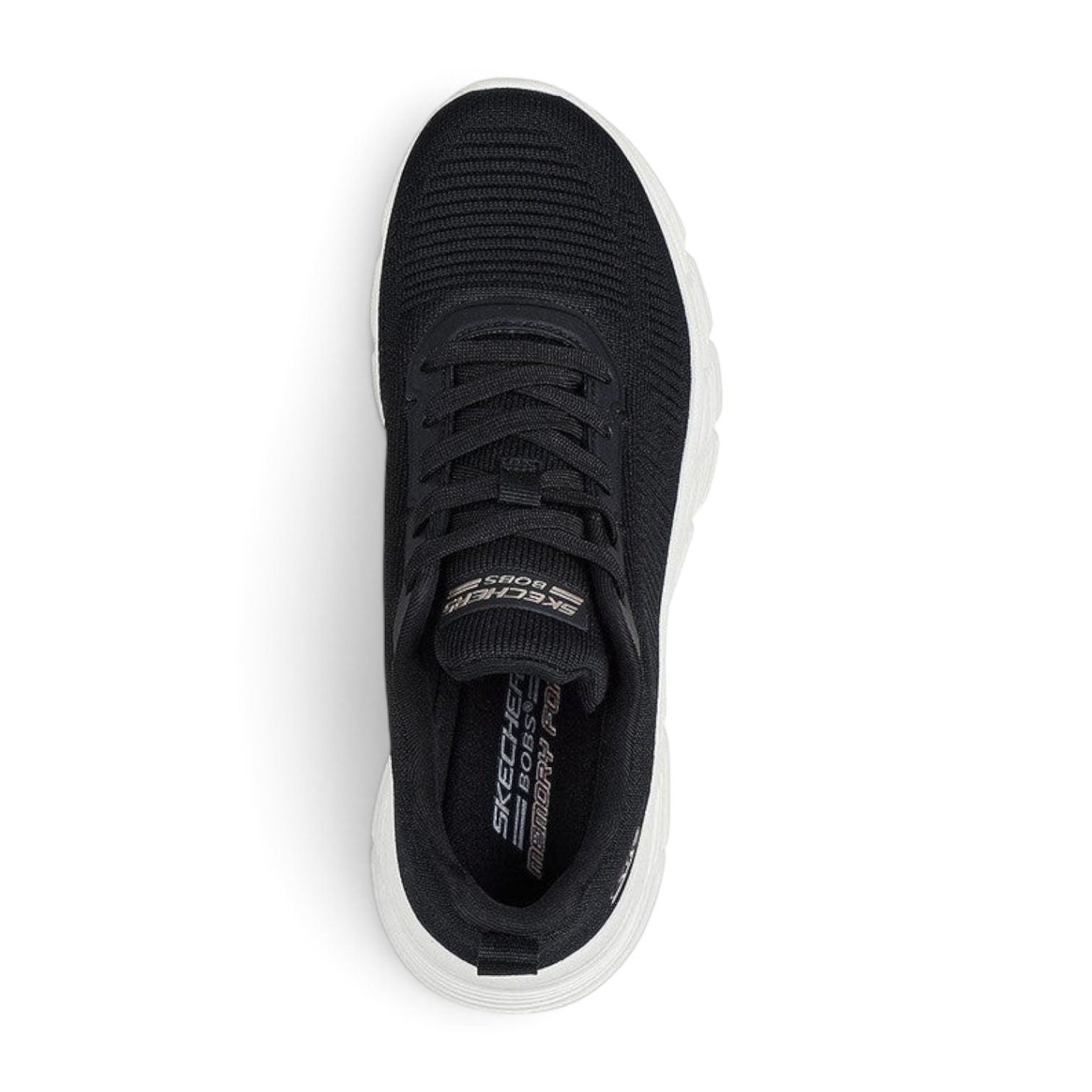 FRG Skechers BOBS Sport B Flex high-top sneaker in black knit with memory foam sole, top-down view.