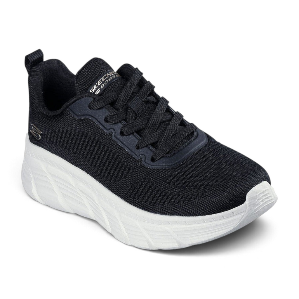 FRG Skechers BOBS Sport B Flex high-top sneaker in black knit with a thick white cushioned sole