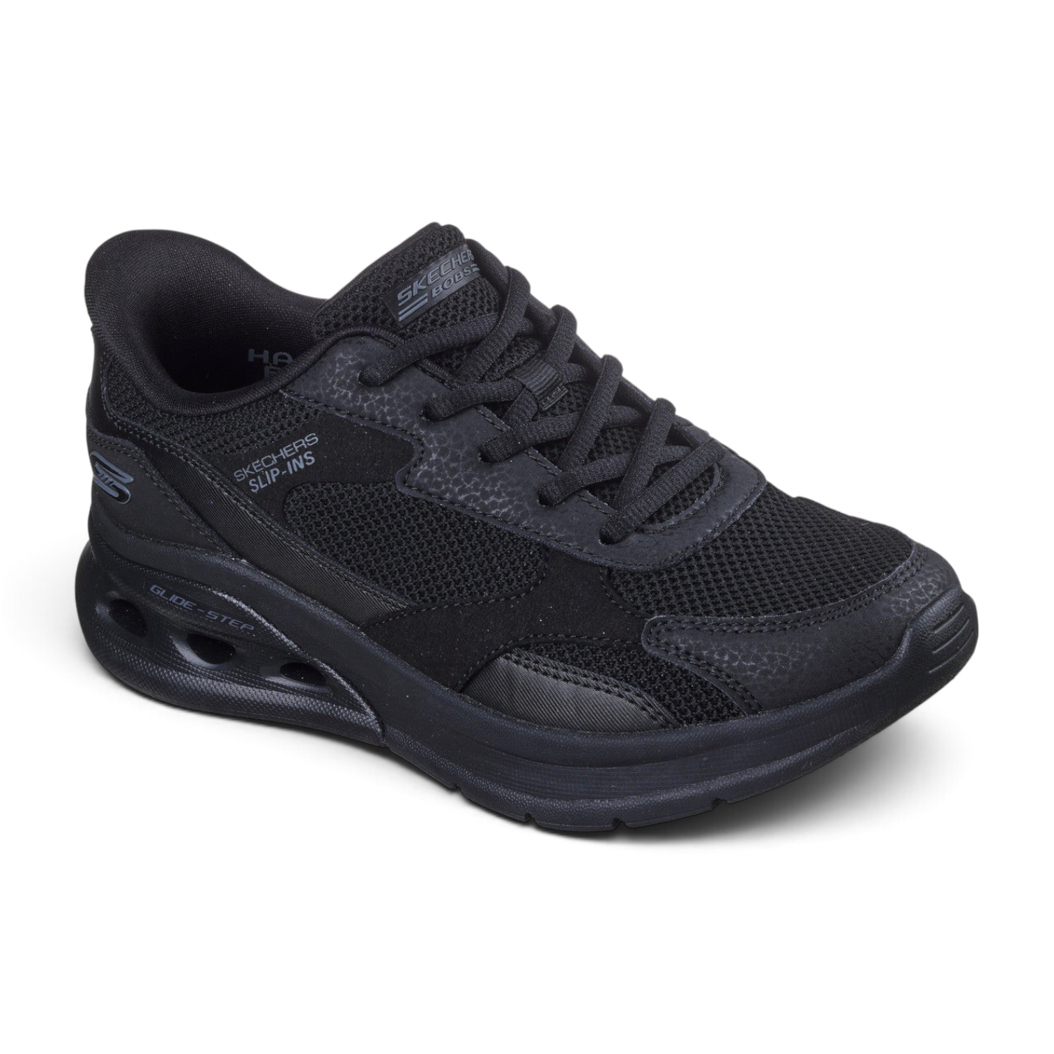 FRG Skechers BOBS Arc Waves 2.0 black slip-in sneaker with mesh upper and cushioned Glide-Step midsole