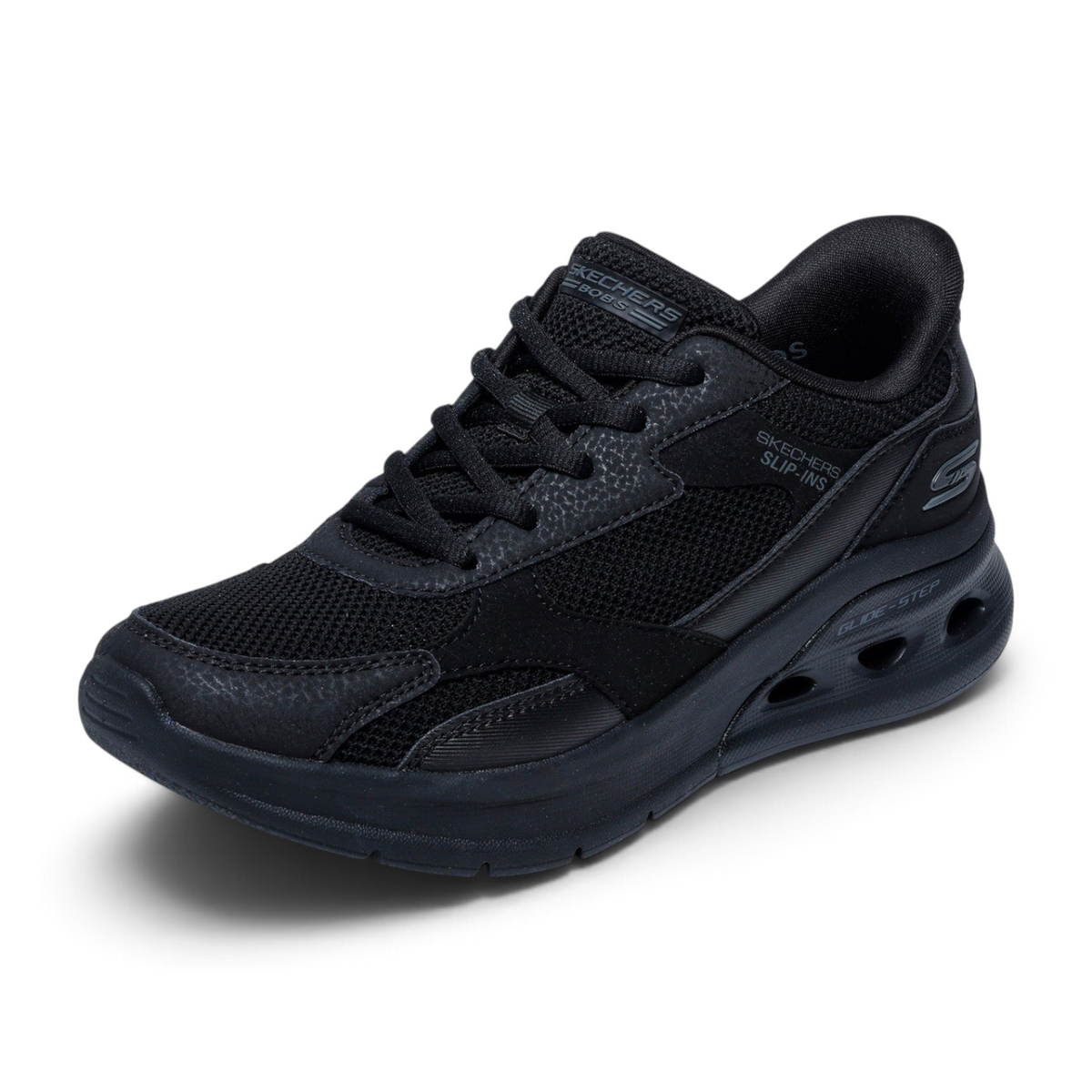 FRG Skechers BOBS Arc Waves 2.0 black slip-in sneakers with mesh upper and cushioned Glide-Step midsole