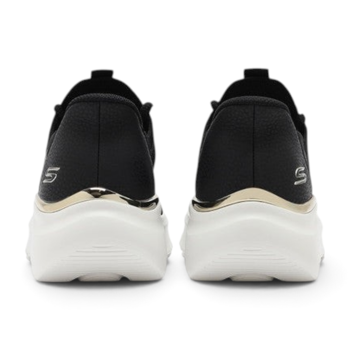 FRG Skechers BOBS B Love True Delight black slip-on sneakers showing the heel view with white soles and metallic trim.