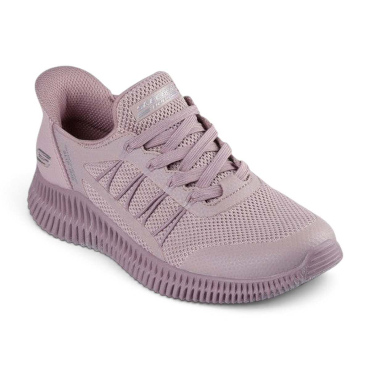 FRG Skechers BOBS Geo Lite Divine Pace sneaker in rose with knit upper, adjustable laces, and cushioned sole.