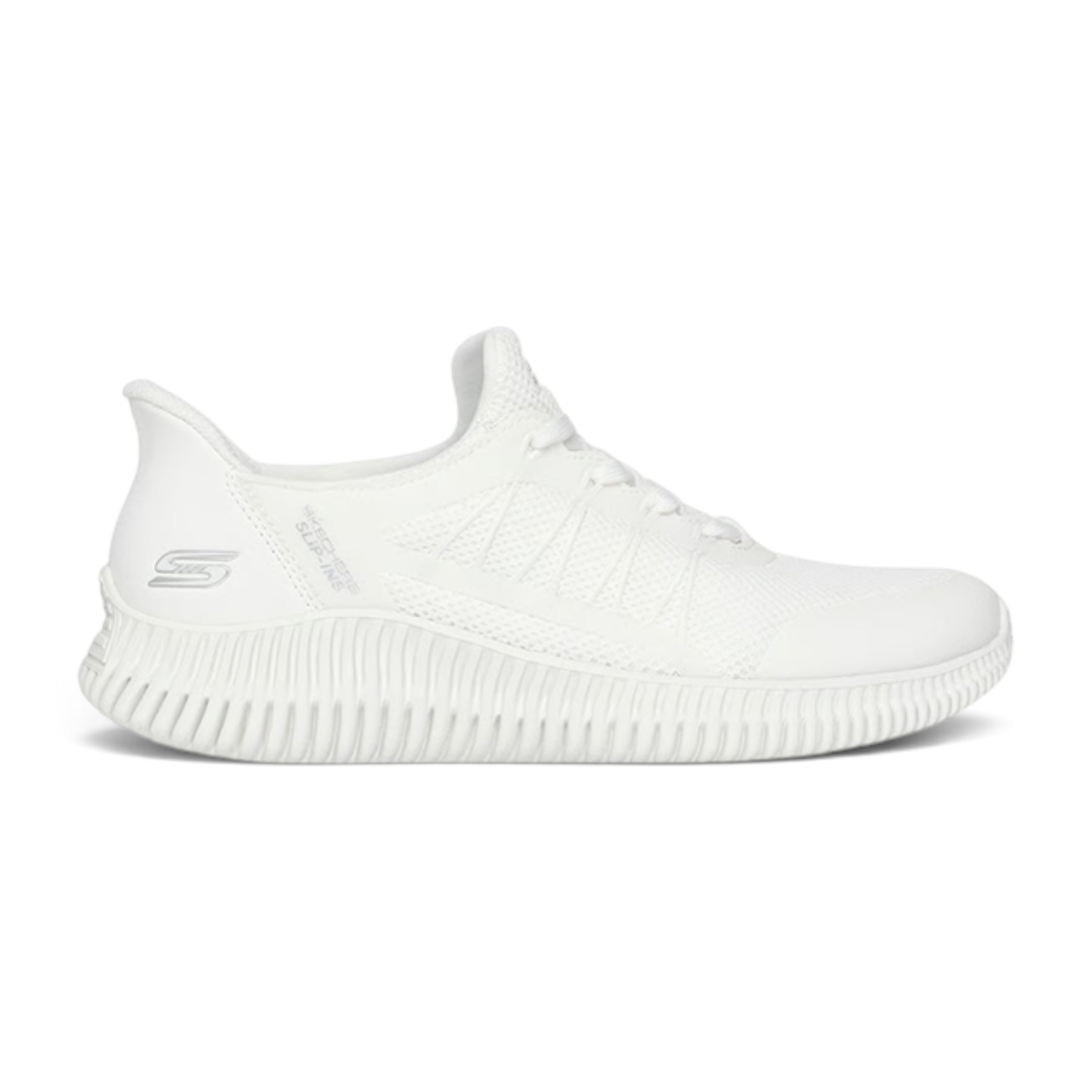 FRG Skechers BOBS Geo Lite Divine Pace white knit slip-on sneaker with cushioned sole and lace-up detail