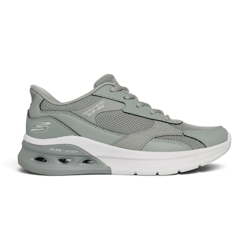 FRG Skechers BOBS Arc Waves 2.0 grey slip-in sneaker with mesh upper, cushioned midsole, and side logo detail.