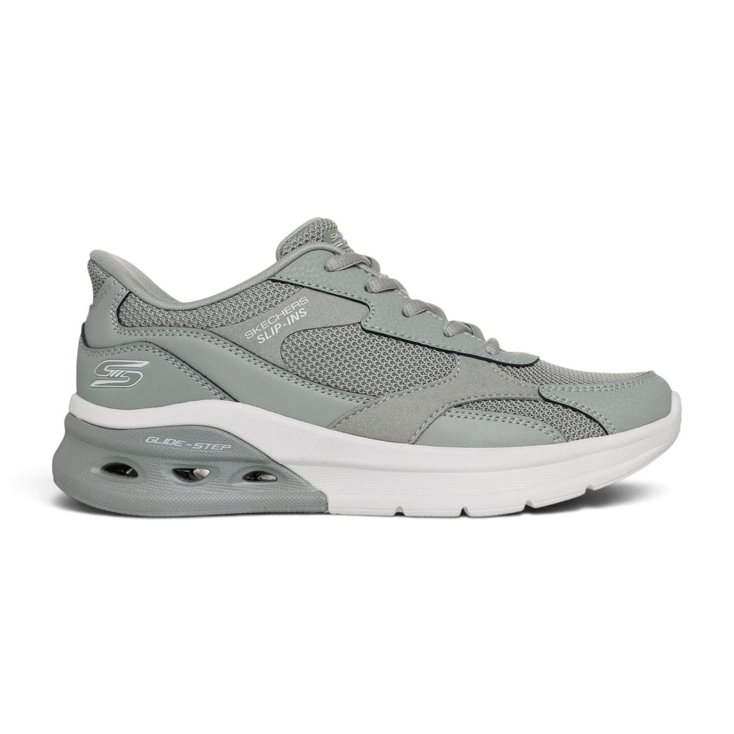 FRG Skechers BOBS Arc Waves 2.0 grey slip-in sneaker with mesh upper, cushioned midsole, and side logo detail.