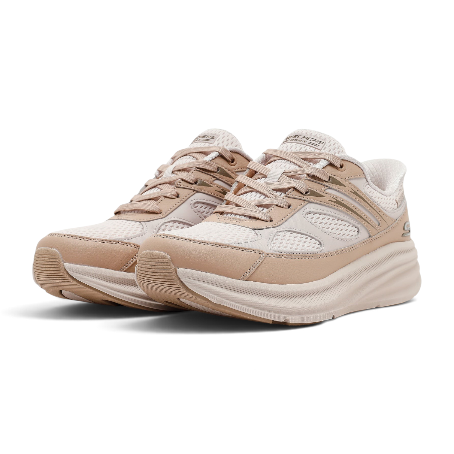 FRG Skechers BOBS Skillz Too Layered natural beige mesh slip-in sneakers with memory foam cushioned soles.