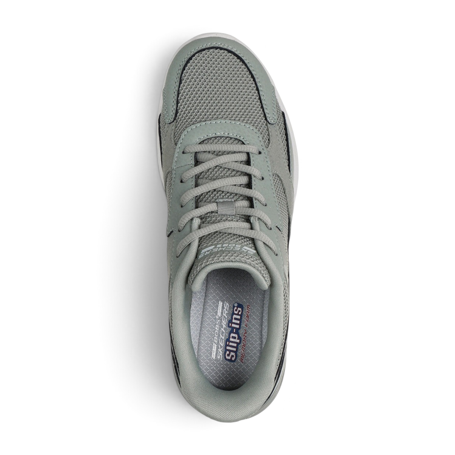 FRG Skechers BOBS Arc Waves 2.0 slip-in sneaker in sage green mesh with cushioned memory foam insole, top view.