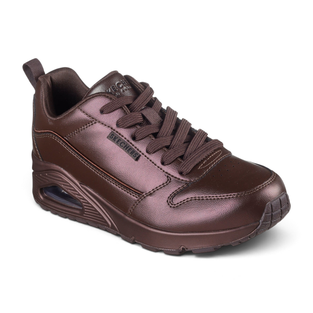 FRG Skechers Street Uno Galactic Gal chocolate brown metallic lace-up sneaker with visible air-cushioned heel