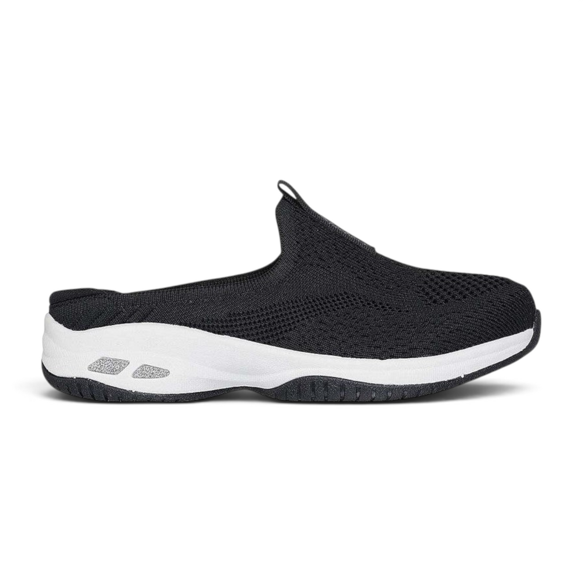 FRG Skechers Commute Time black slip-on mule with a white cushioned sole and breathable textile upper