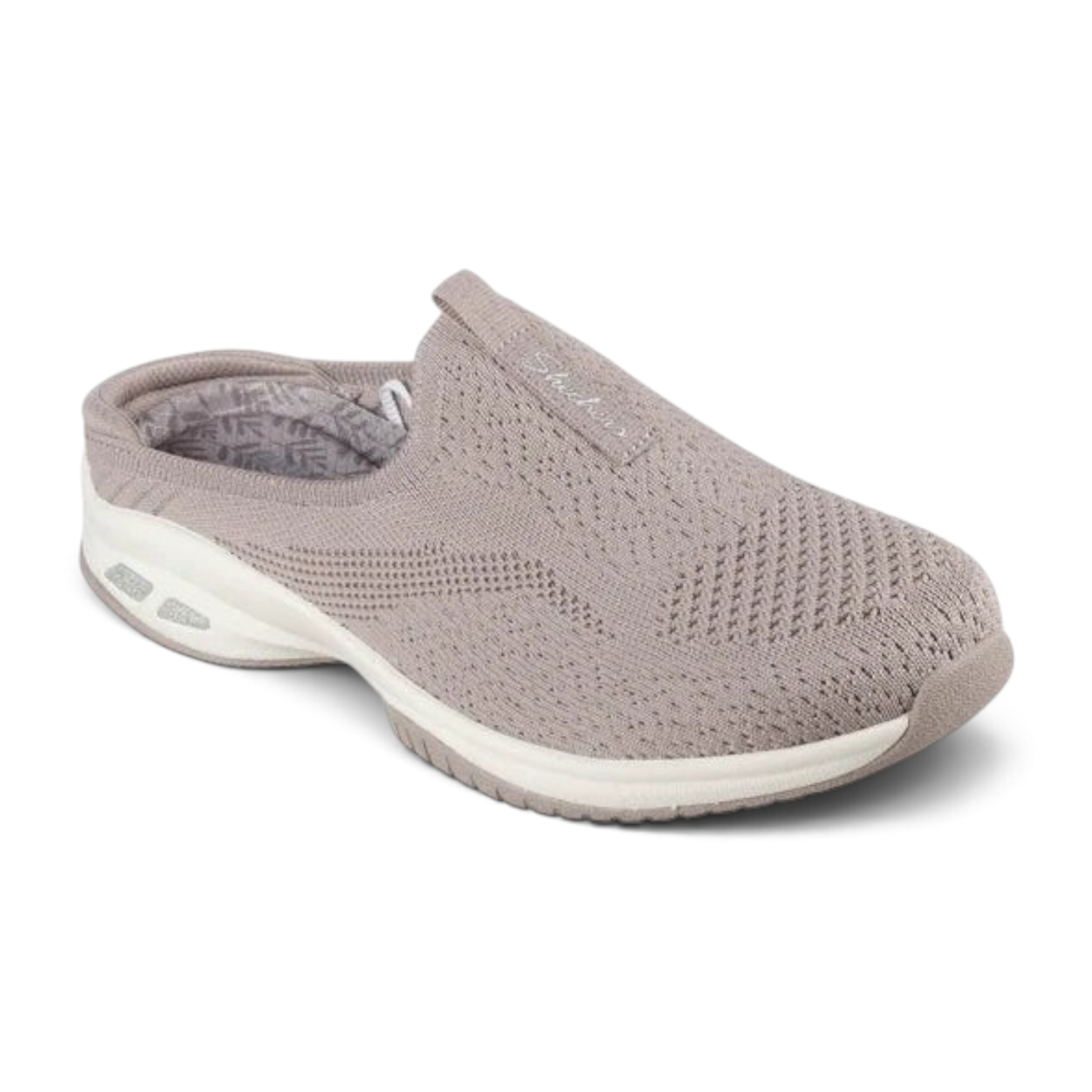 FRG Skechers Commute Time taupe slip-on mule with a breathable textile upper and cushioned memory foam insole