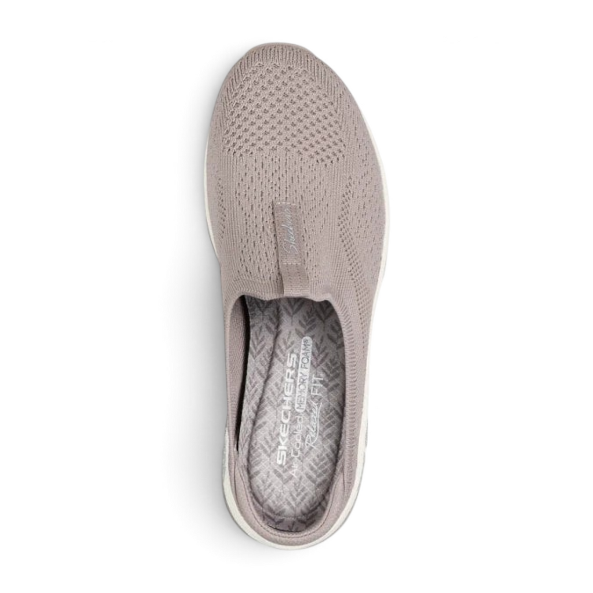 FRG Skechers Commute Time taupe slip-on shoe with textile upper and Air-Cooled Memory Foam insole, top view.