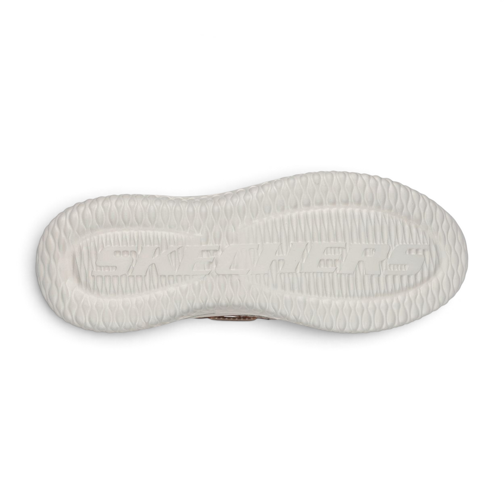 FRG Skechers Delson 3.0 Roth taupe brown shoe showing the white textured rubber outsole with embossed logo