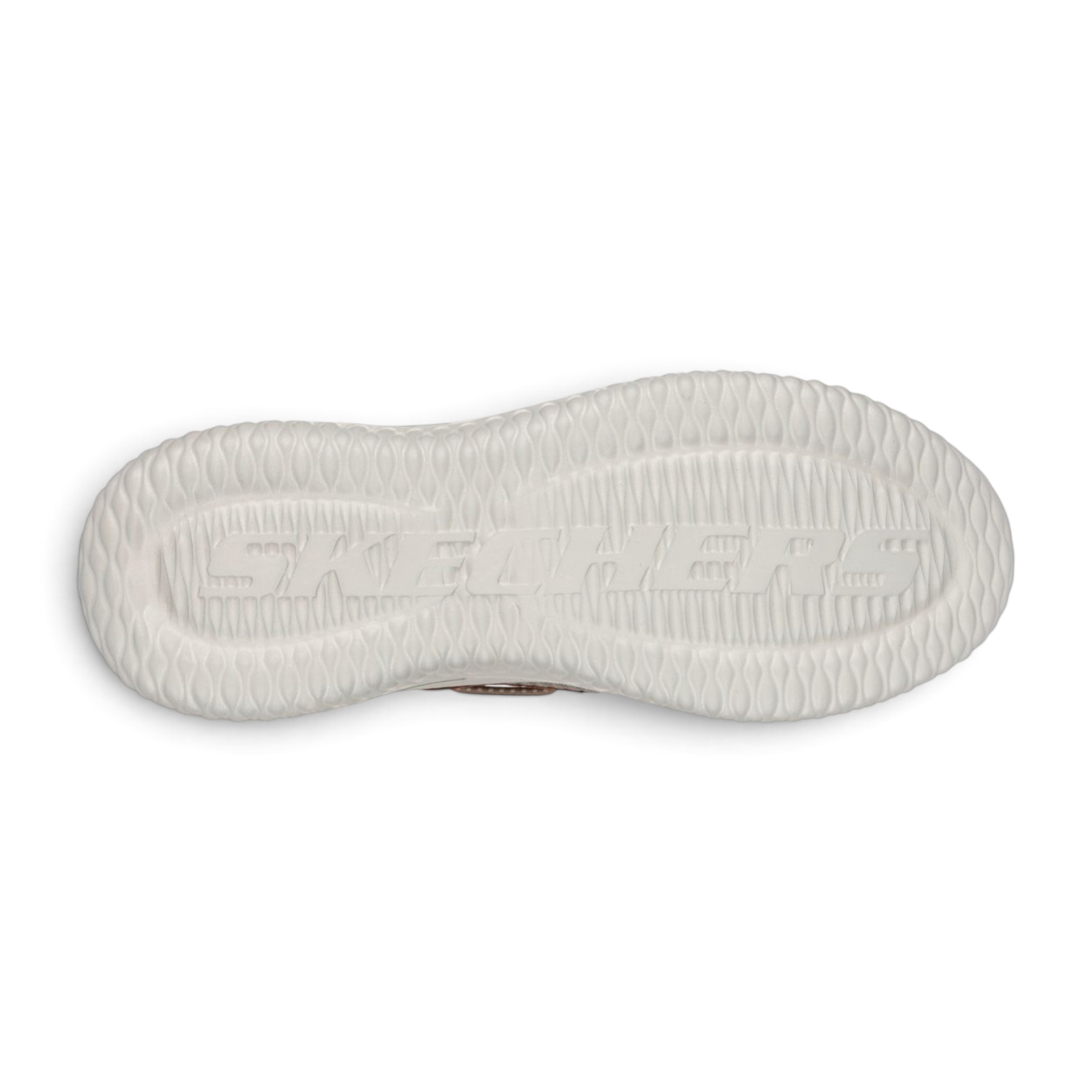 FRG Skechers Delson 3.0 Roth taupe brown shoe showing the white textured rubber outsole with embossed logo