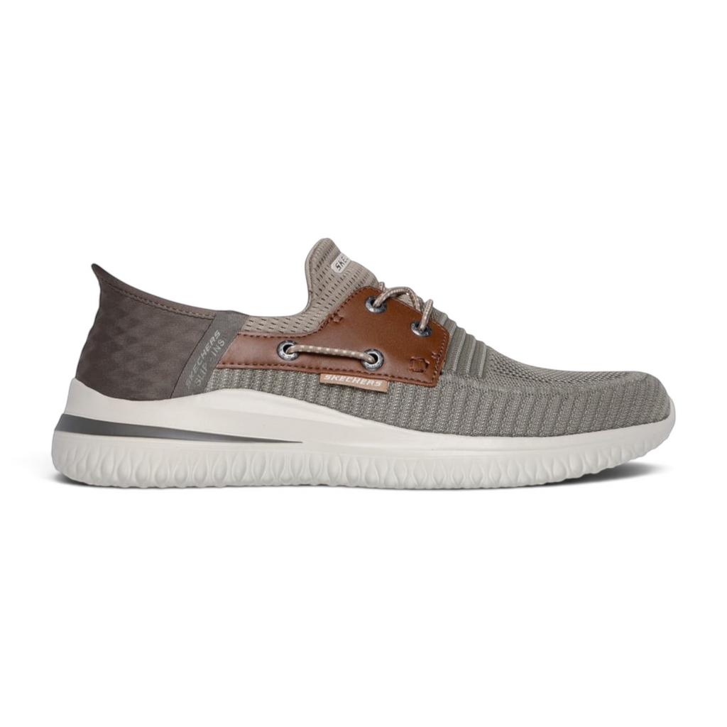 FRG Skechers Delson 3.0 Roth taupe brown slip-in boat shoe with knit upper and memory foam cushioning