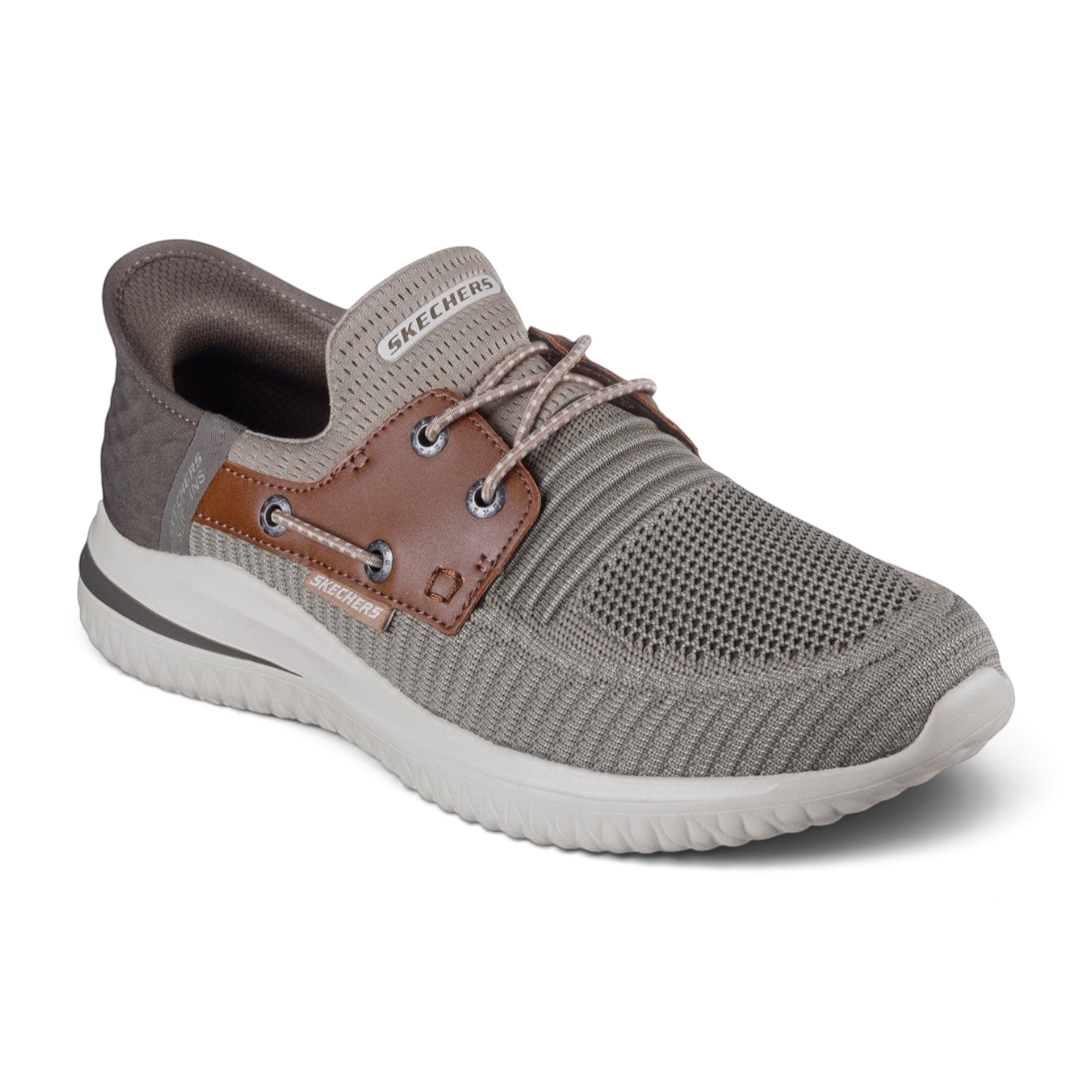 FRG Skechers Delson 3.0 slip-in boat shoe in taupe brown with a knit upper and brown leather-look side detailing.