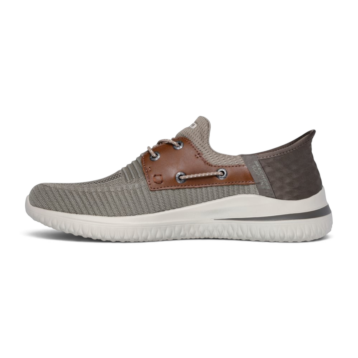 FRG Skechers Delson 3.0 slip-in boat shoes in taupe brown with a knit upper and memory foam cushioning