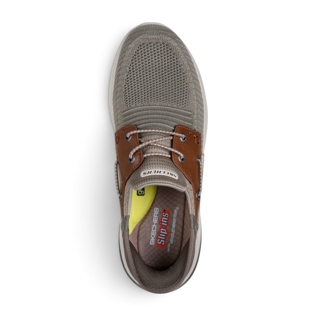 FRG Skechers Delson 3.0 Roth taupe brown knit slip-in boat shoe with memory foam cushioning and leather accents