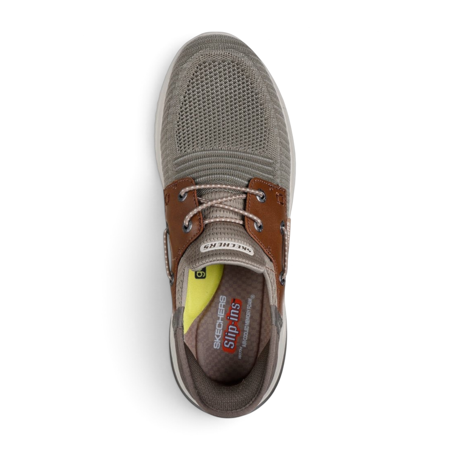 FRG Skechers Delson 3.0 Roth taupe brown knit slip-in boat shoe with memory foam cushioning and leather accents