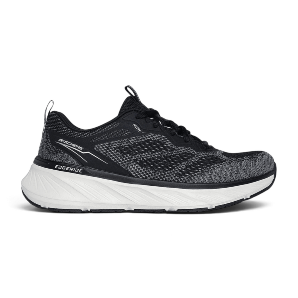 FRG Skechers Edgeride Power Flow black and grey athletic sneaker with cushioned white midsole and lace-up knit upper