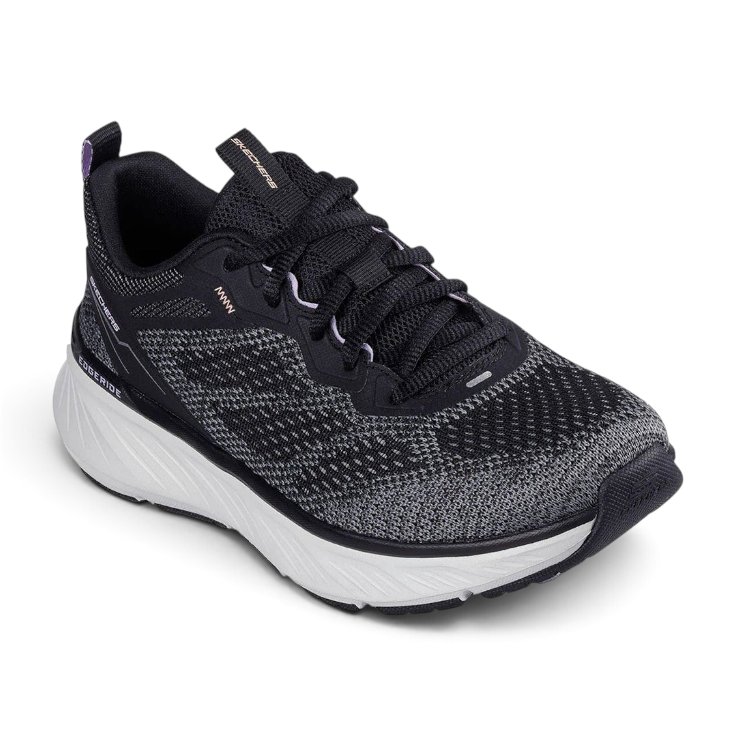 FRG Skechers Edgeride Power Flow black and lavender athletic sneaker with engineered knit upper and cushioned midsole