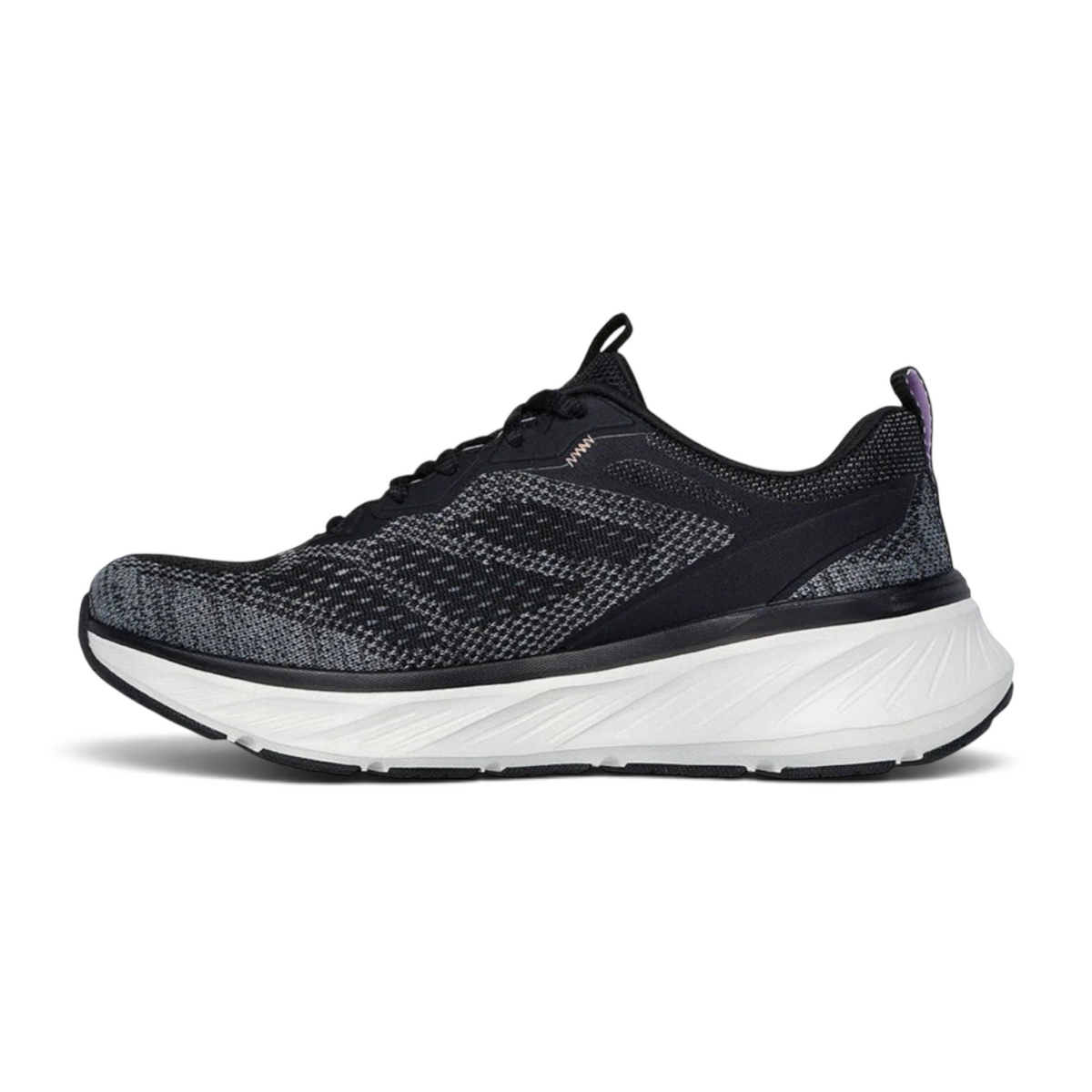 FRG Skechers Edgeride Power Flow athletic sneaker in black and grey knit with a thick white cushioned midsole.