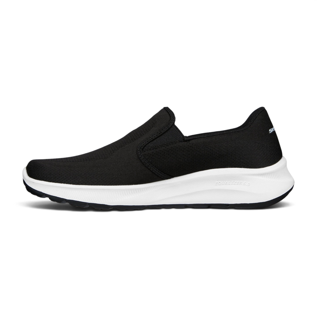 FRG Skechers Relaxed Fit Equalizer 5.0 black slip-on sneaker with a white cushioned midsole and mesh upper