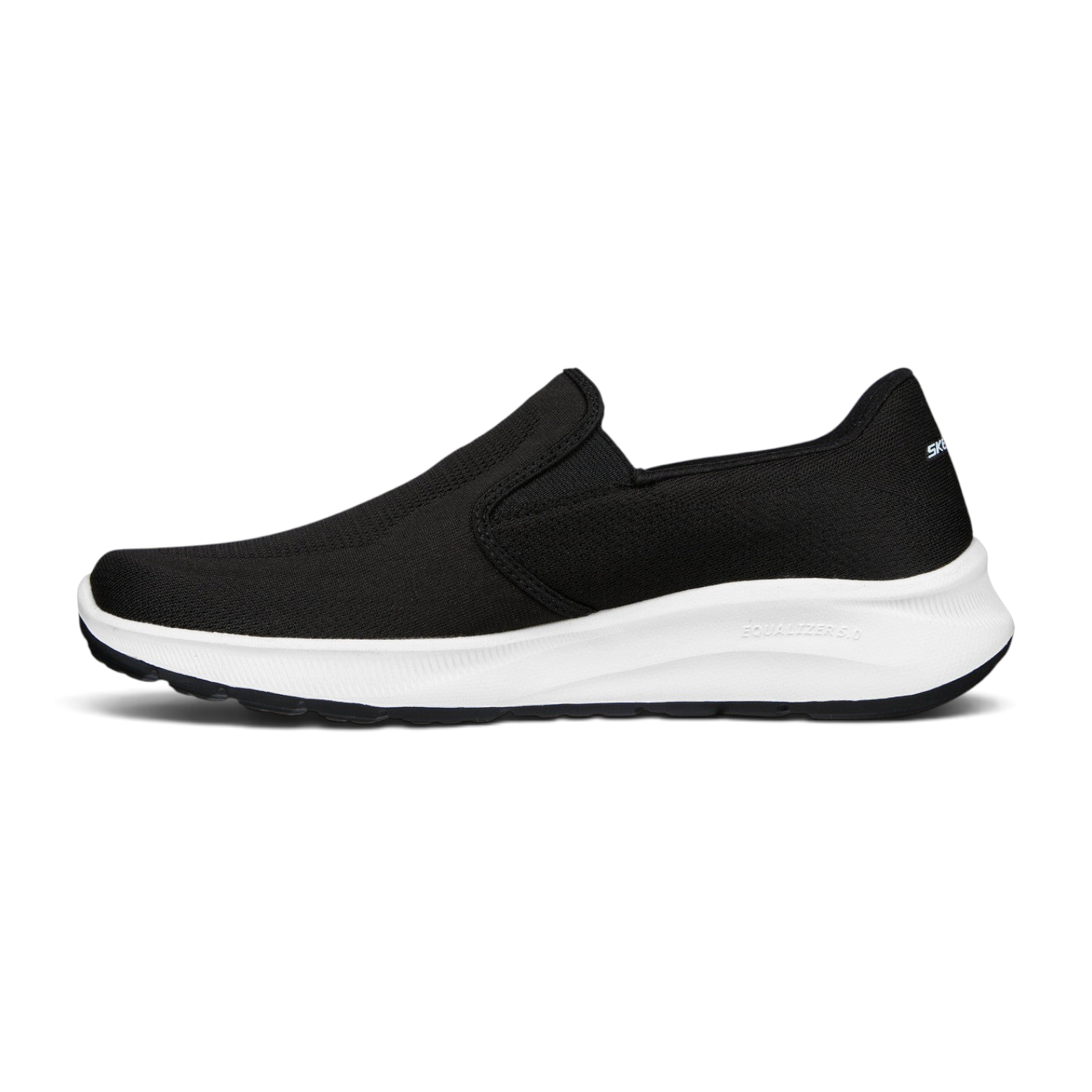 FRG Skechers Relaxed Fit Equalizer 5.0 black slip-on sneaker with a white cushioned midsole and mesh upper