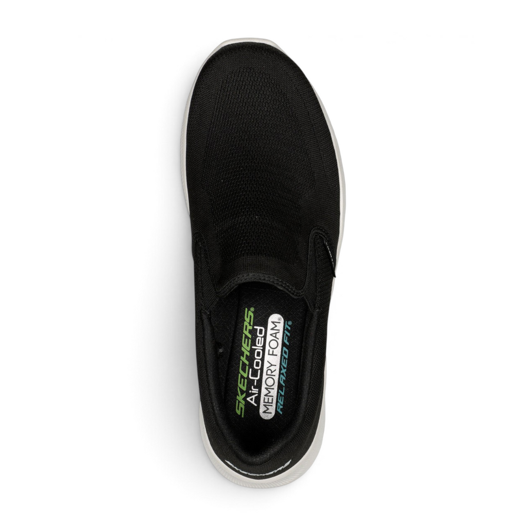 FRG Skechers Relaxed Fit Equalizer 5.0 black slip-on sneaker with white sole and air-cooled memory foam insole