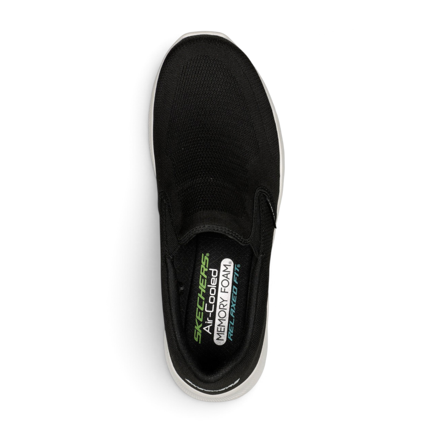FRG Skechers Relaxed Fit Equalizer 5.0 black slip-on sneaker with white sole and air-cooled memory foam insole