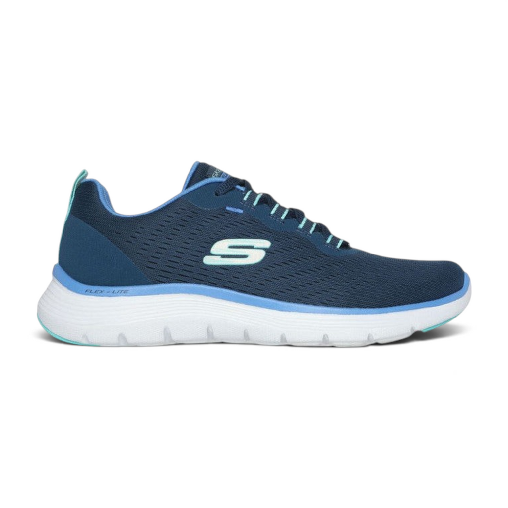 FRG Skechers Flex Appeal 5.0 navy blue vegan lace-up sneaker with white cushioned sole and side logo