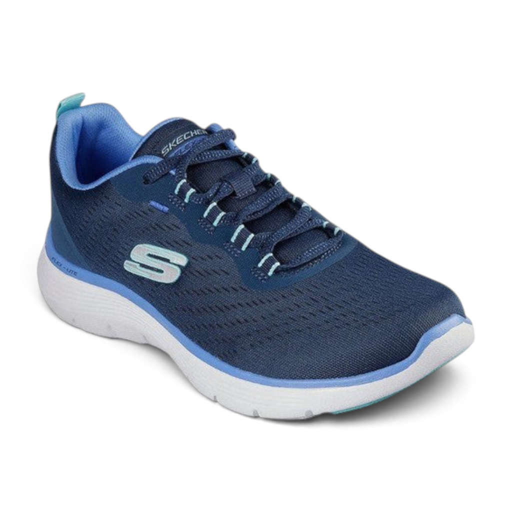FRG Skechers Flex Appeal 5.0 navy blue vegan lace-up sneaker with a flexible white midsole for sporty comfort