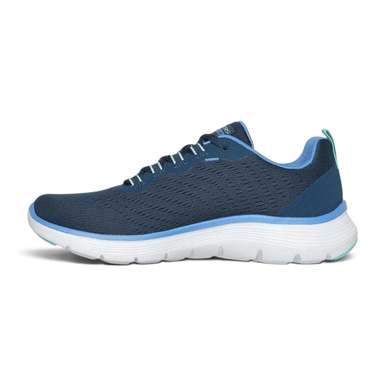 FRG Skechers Flex Appeal 5.0 navy blue vegan lace-up sneaker with a white cushioned midsole and light blue accents.