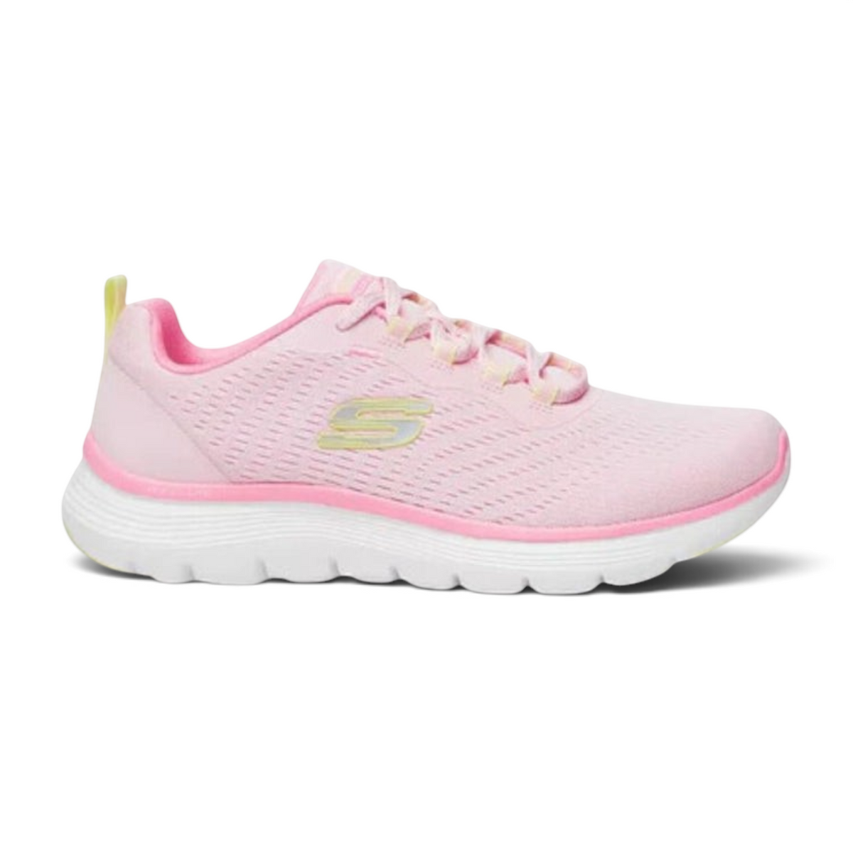 FRG Skechers Flex Appeal 5.0 pink and yellow vegan lace-up sneaker with engineered mesh and memory foam sole