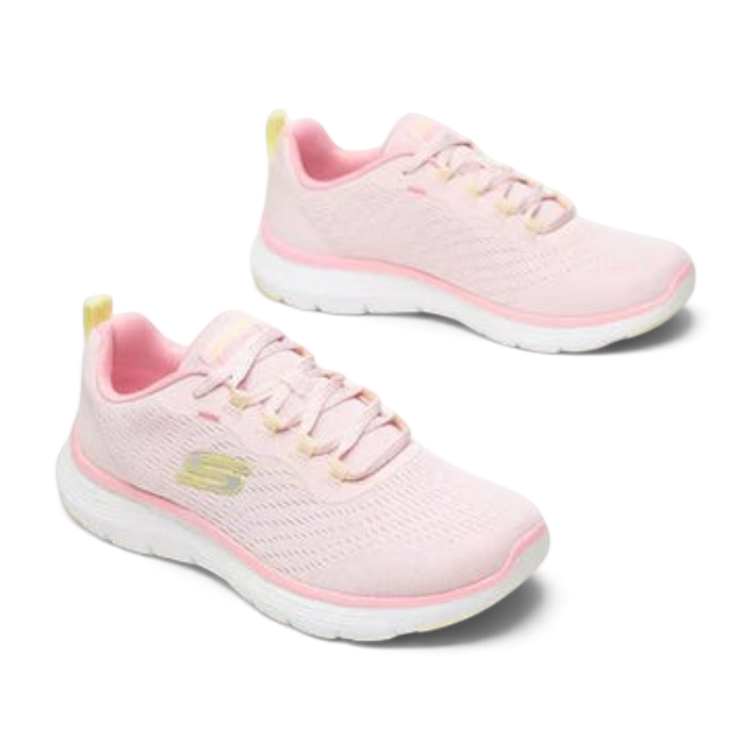 FRG Skechers Flex Appeal 5.0 pink and yellow vegan lace-up sneakers with engineered mesh and memory foam cushioning