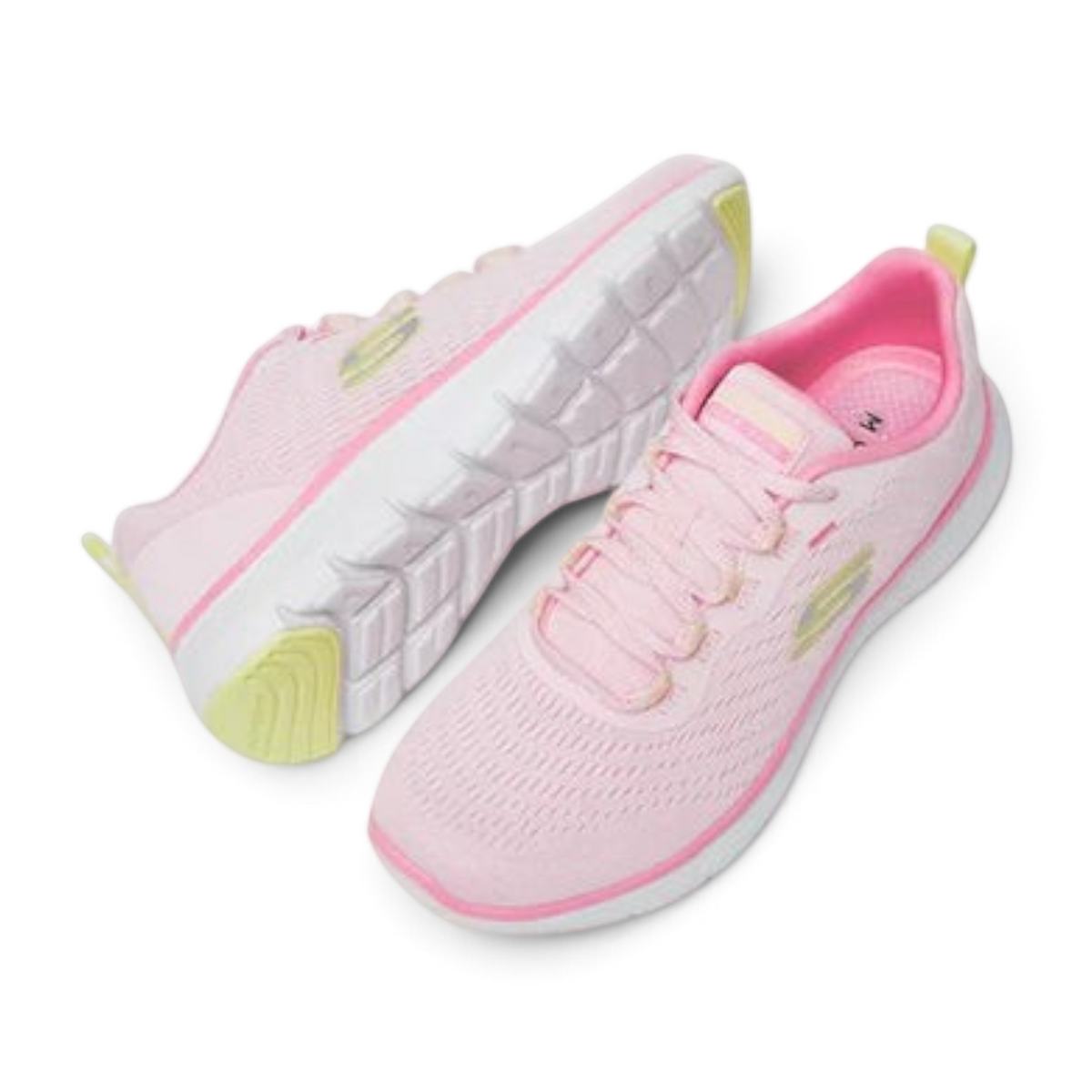 FRG Skechers Flex Appeal 5.0 pink and yellow vegan lace-up sneakers with engineered mesh and memory foam cushioning.