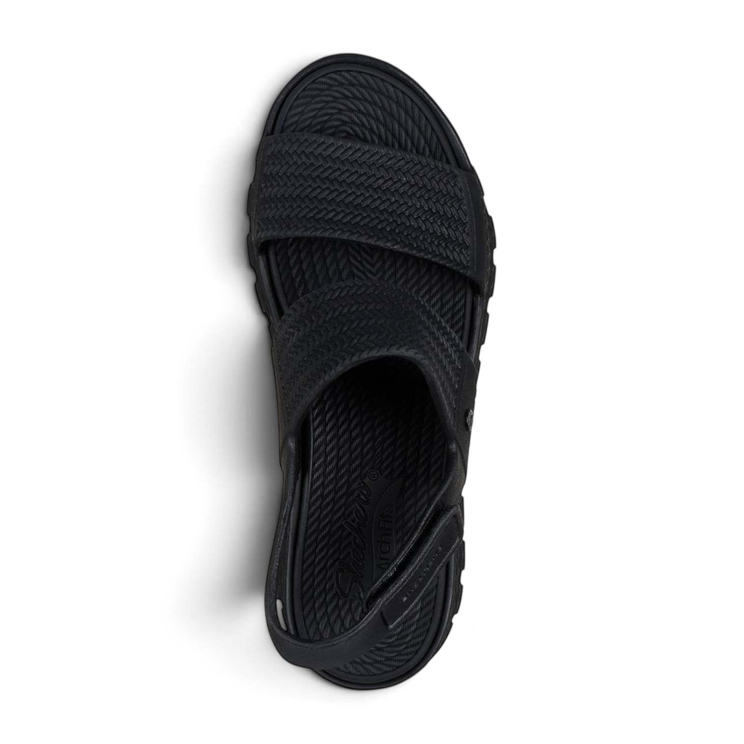 FRG Skechers Foamies Arch Fit Footsteps black sandals with a sculpted upper and cushioned arch support.