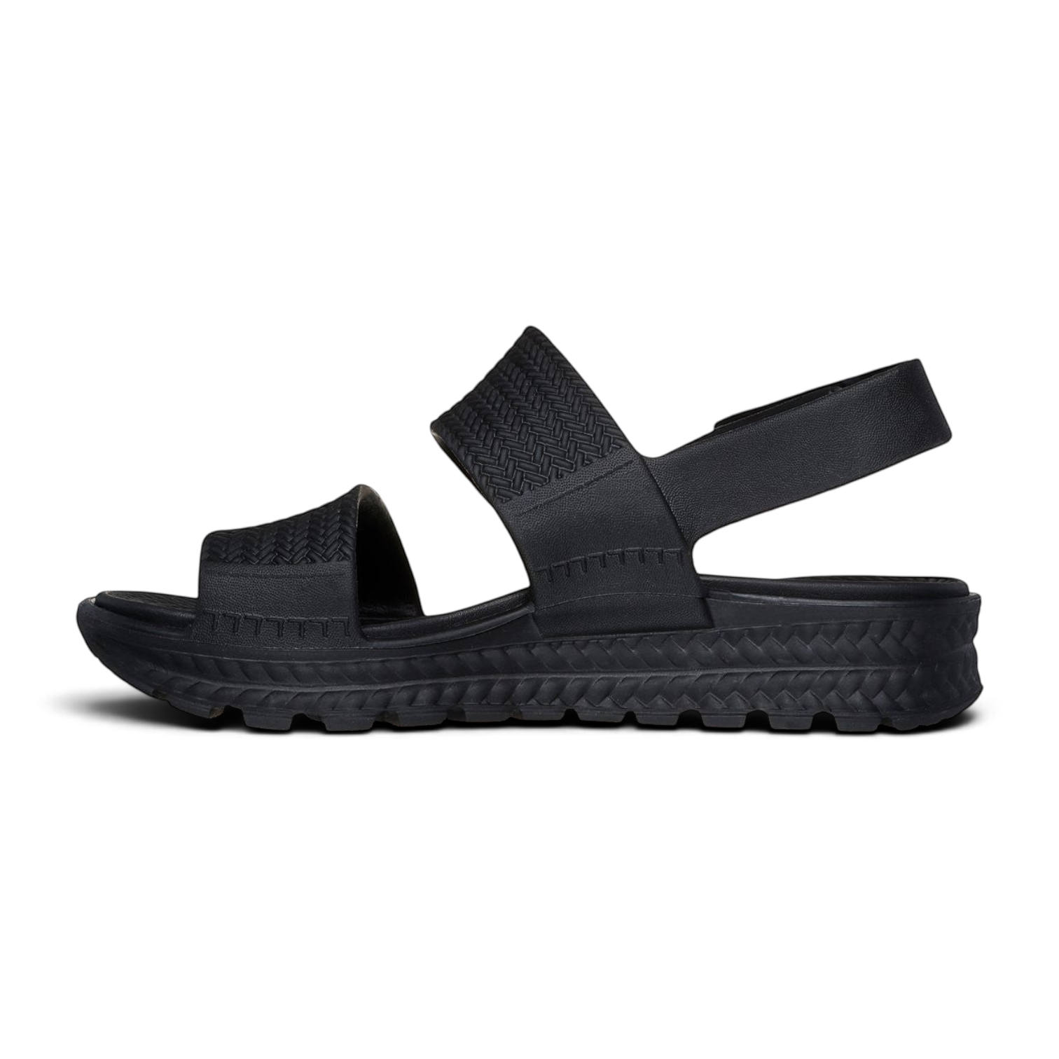 FRG Skechers Foamies Arch Fit Footsteps black sandals with sculpted upper and cushioned arch support side view