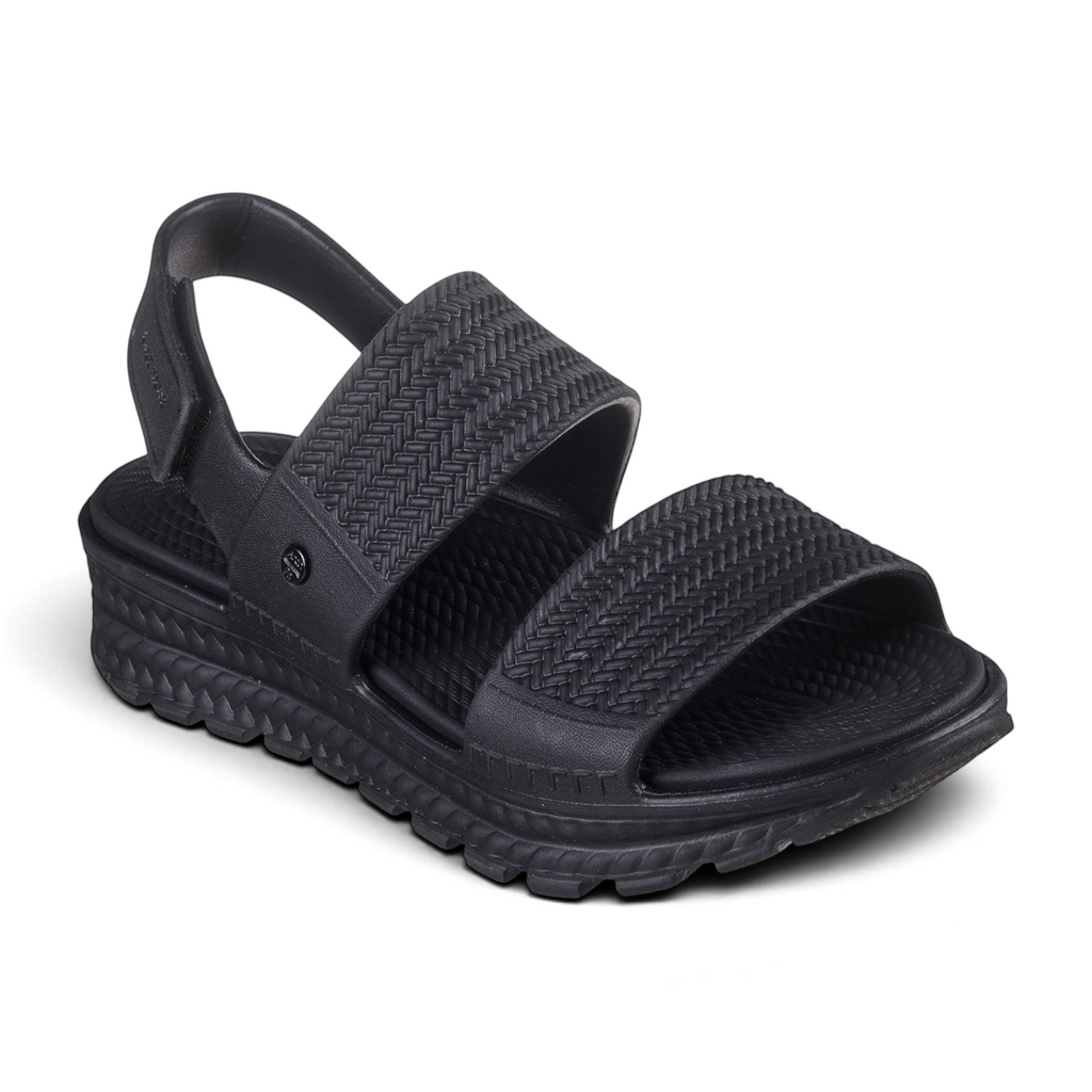 FRG Skechers Foamies Arch Fit Footsteps black sandals with a sculpted woven-texture upper and cushioned sole.
