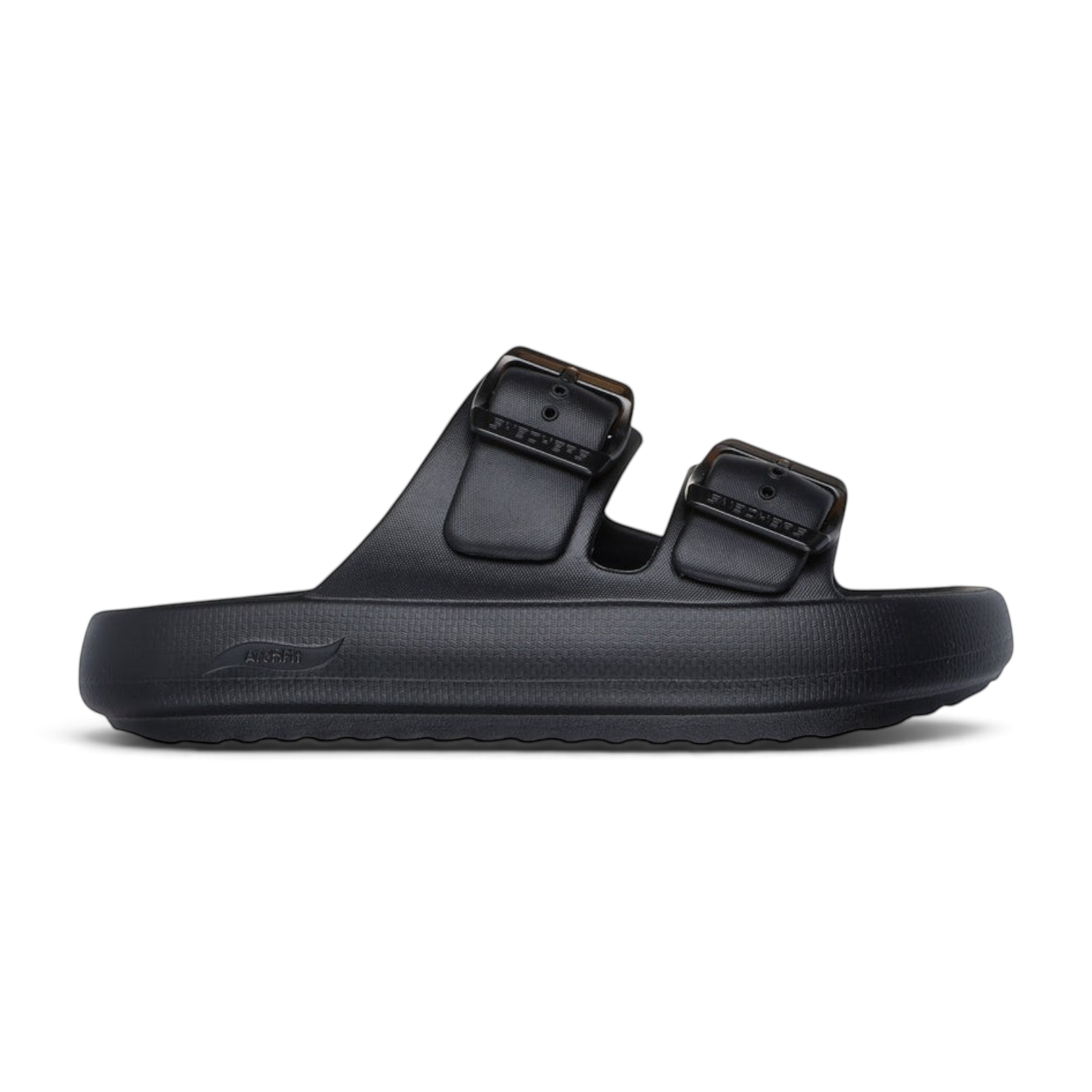 FRG Skechers Foamies Arch Fit black double-band slide sandals with adjustable buckles and cushioned arch support.