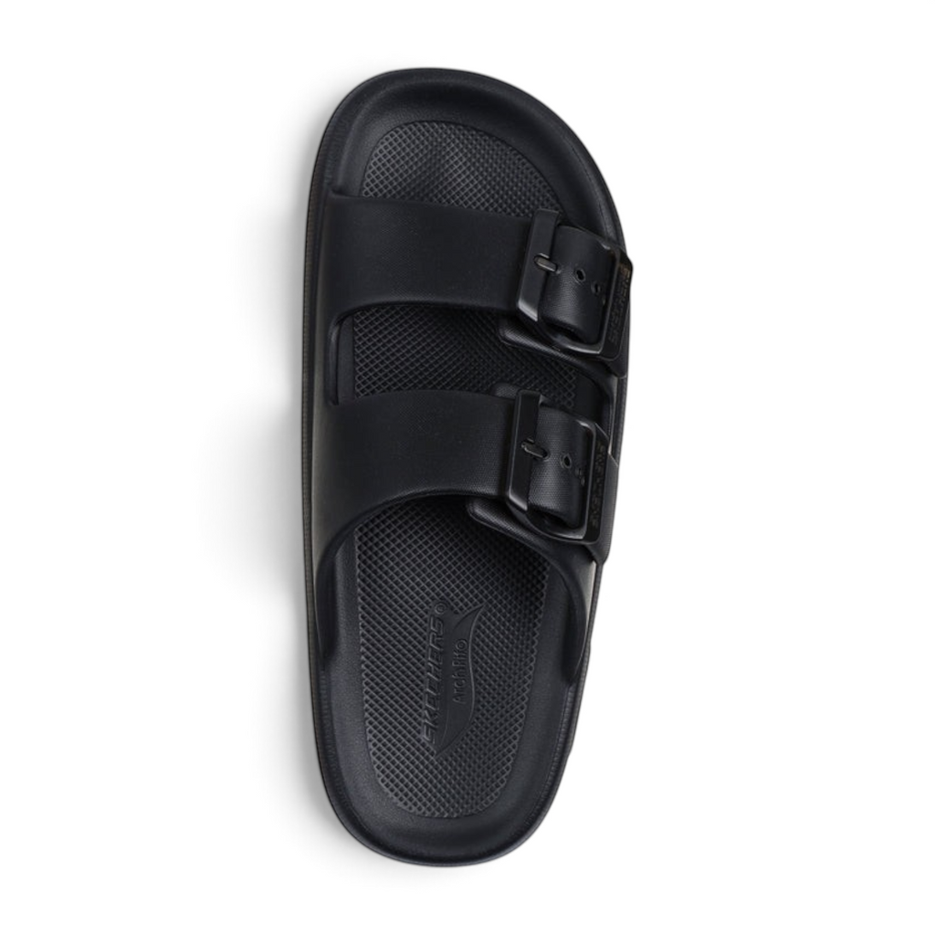 FRG Skechers Foamies Arch Fit Horizon Wind Down black double-band slide sandal with adjustable buckle straps