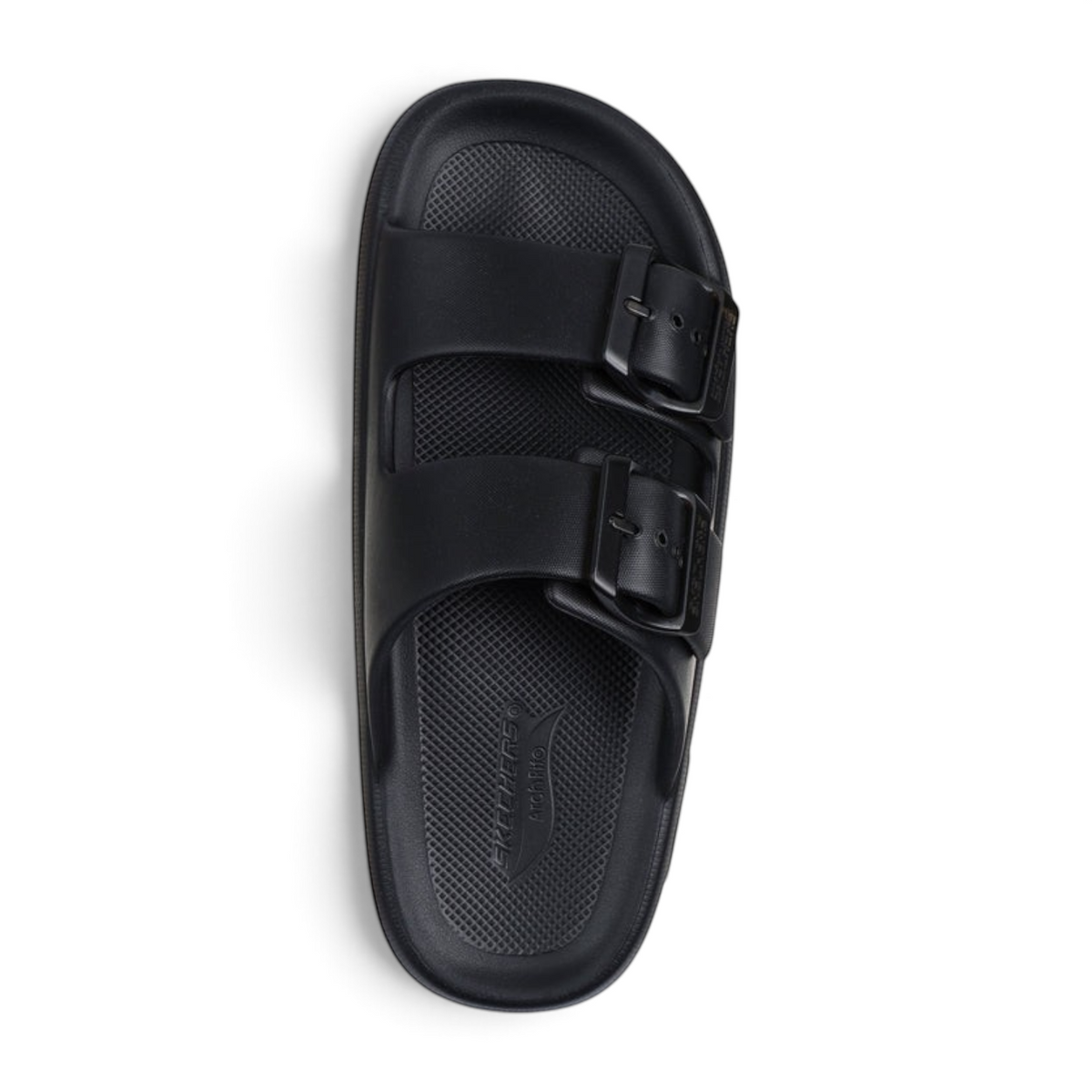 FRG Skechers Foamies Arch Fit Horizon Wind Down black double-band slide sandal with adjustable buckle straps